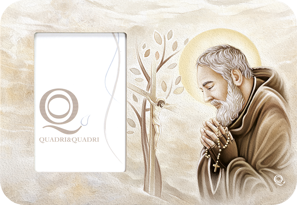 Portafoto Quadri&quadri in legno materico con bordi stuccati bianchi e retro laccato bianco PADRE PIO